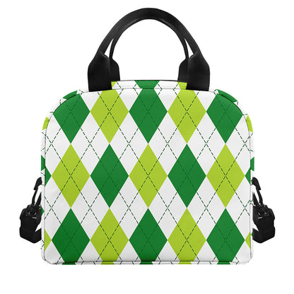 White And Green Argyle Pattern Print Insulated Lunch Bag