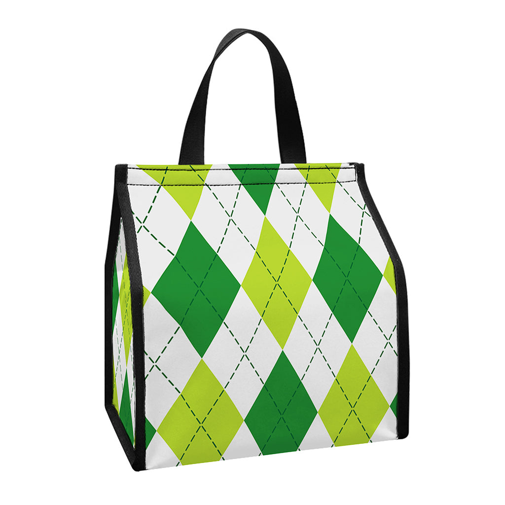 White And Green Argyle Pattern Print Insulated Lunch Tote