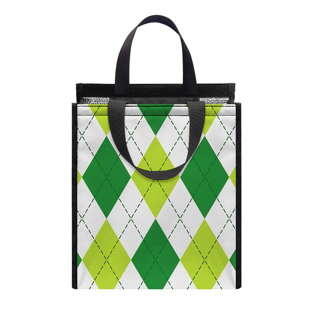 White And Green Argyle Pattern Print Insulated Lunch Tote