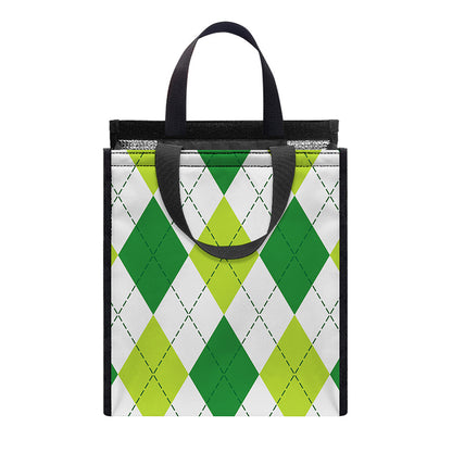 White And Green Argyle Pattern Print Insulated Lunch Tote