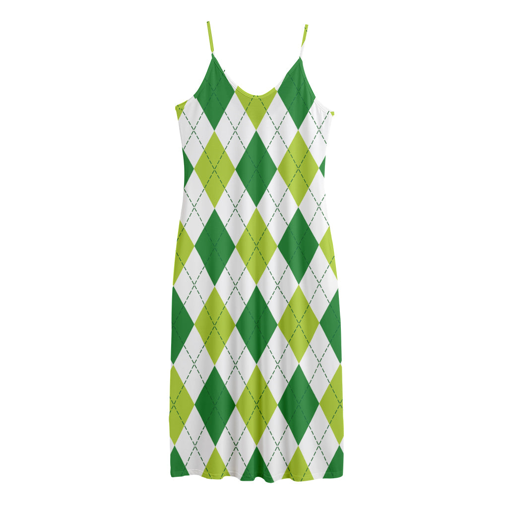 White And Green Argyle Pattern Print Jersey Midi Cami Dress