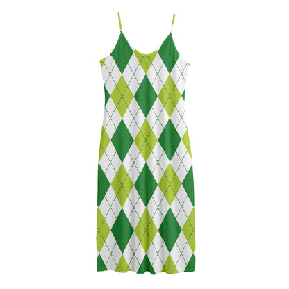 White And Green Argyle Pattern Print Jersey Midi Cami Dress
