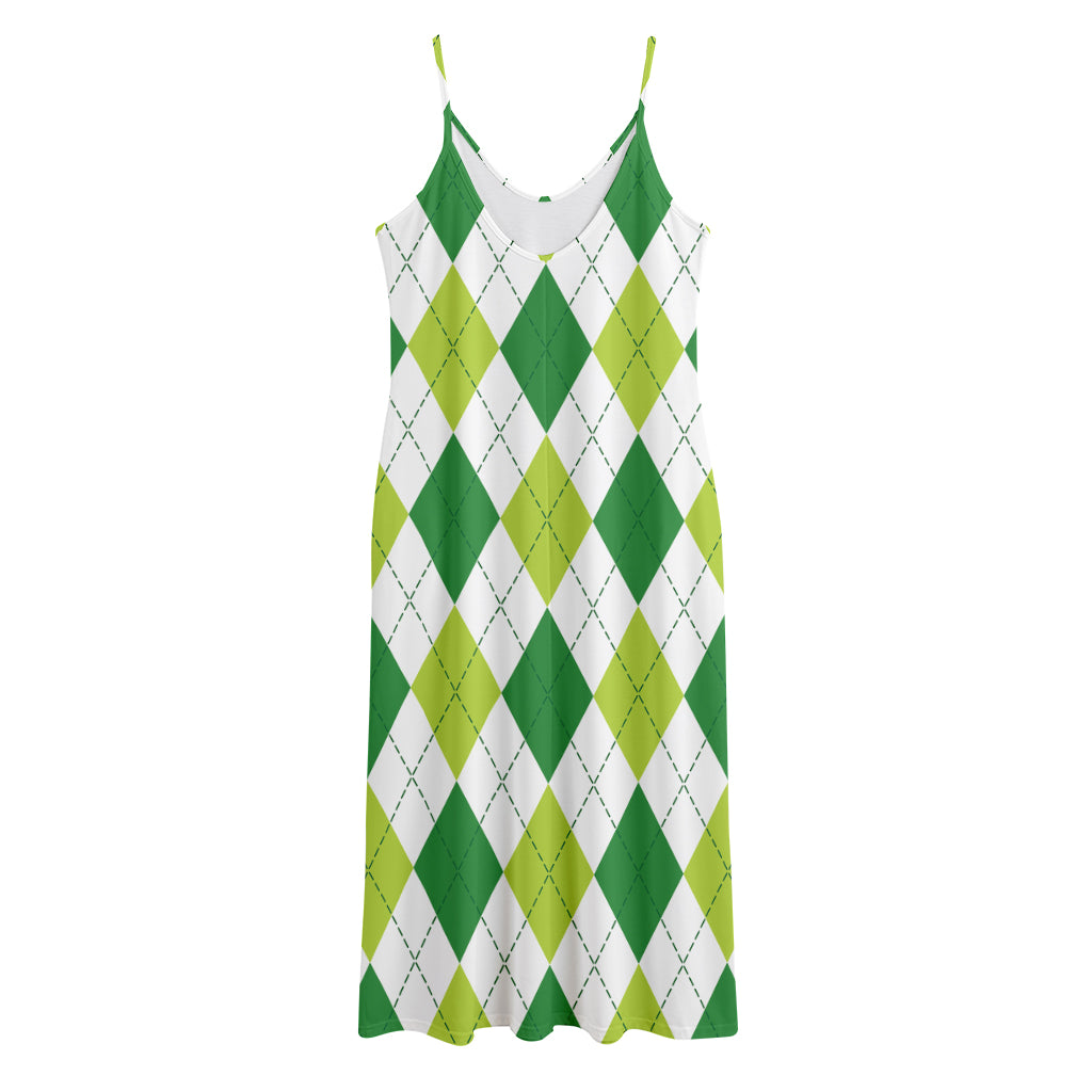 White And Green Argyle Pattern Print Jersey Midi Cami Dress