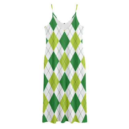 White And Green Argyle Pattern Print Jersey Midi Cami Dress