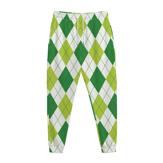White And Green Argyle Pattern Print Jogger Pants