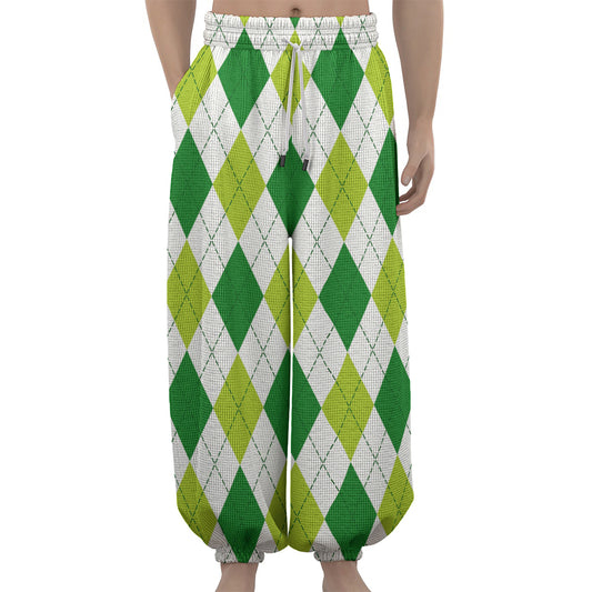 White And Green Argyle Pattern Print Lantern Pants