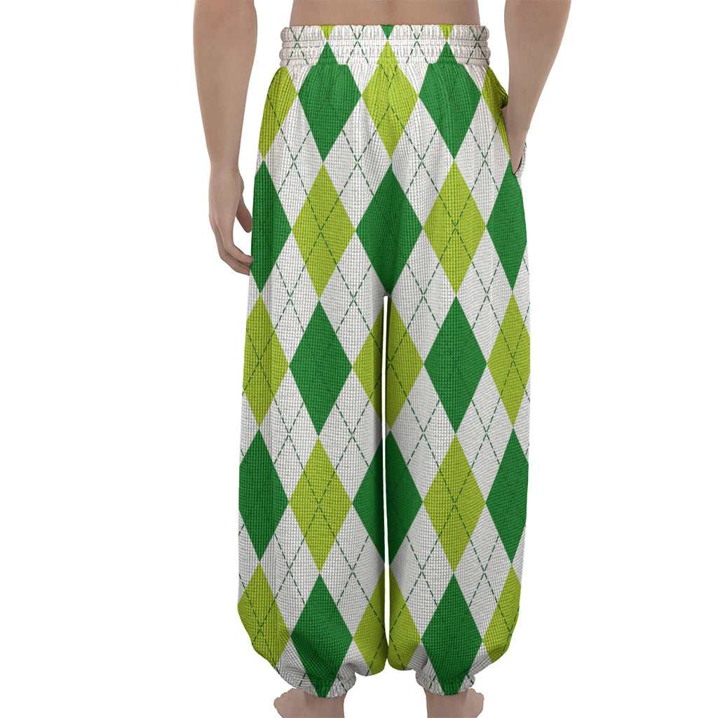 White And Green Argyle Pattern Print Lantern Pants
