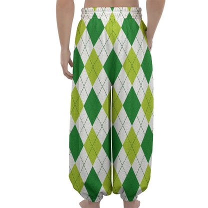 White And Green Argyle Pattern Print Lantern Pants