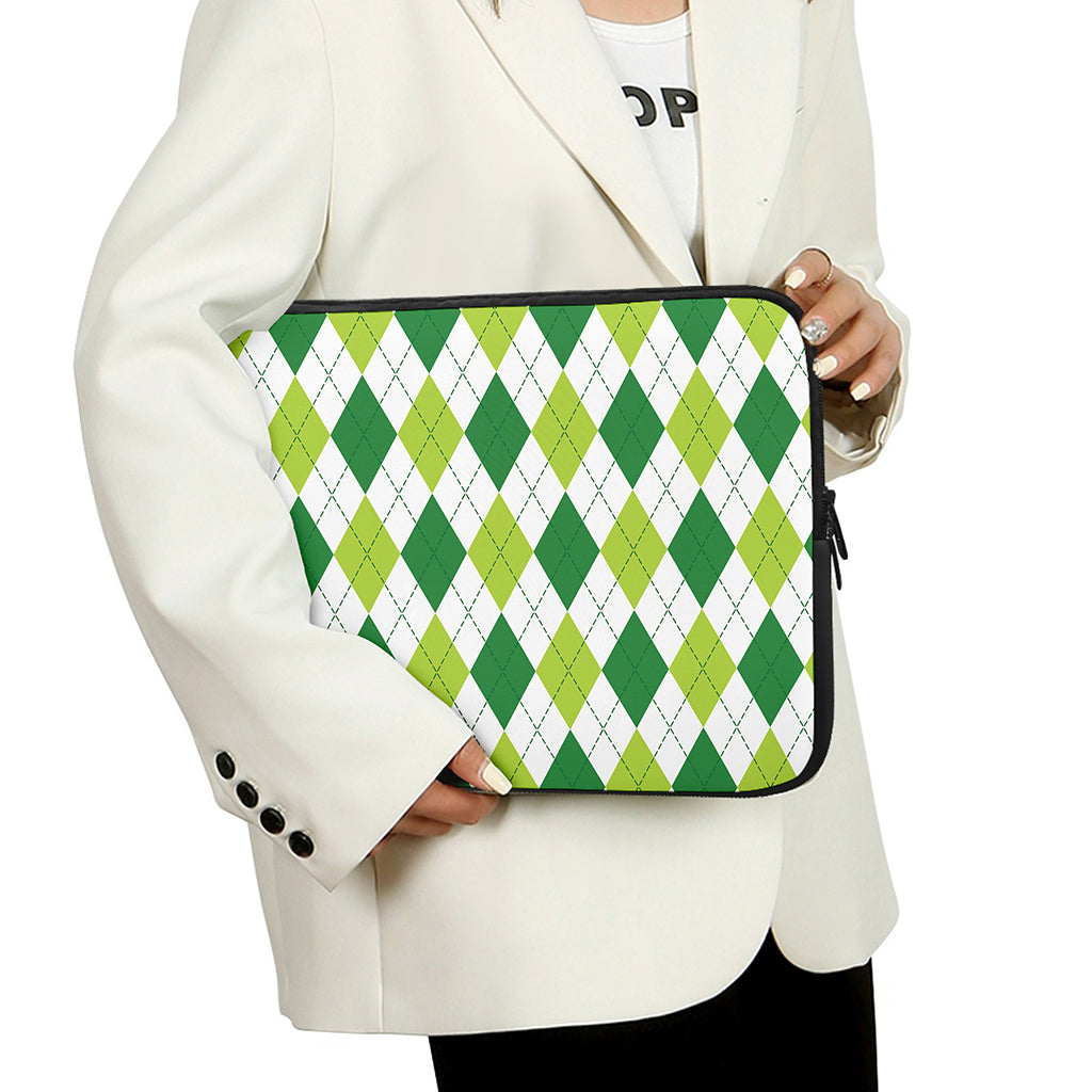 White And Green Argyle Pattern Print Laptop Sleeve