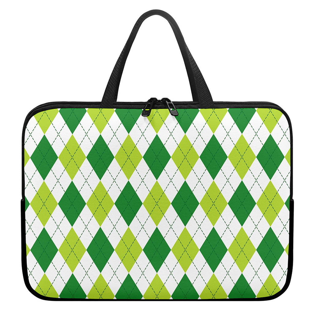 White And Green Argyle Pattern Print Laptop Sleeve With Handle
