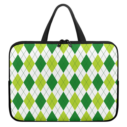 White And Green Argyle Pattern Print Laptop Sleeve With Handle