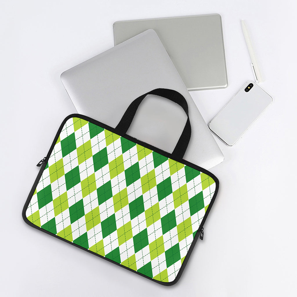 White And Green Argyle Pattern Print Laptop Sleeve With Handle