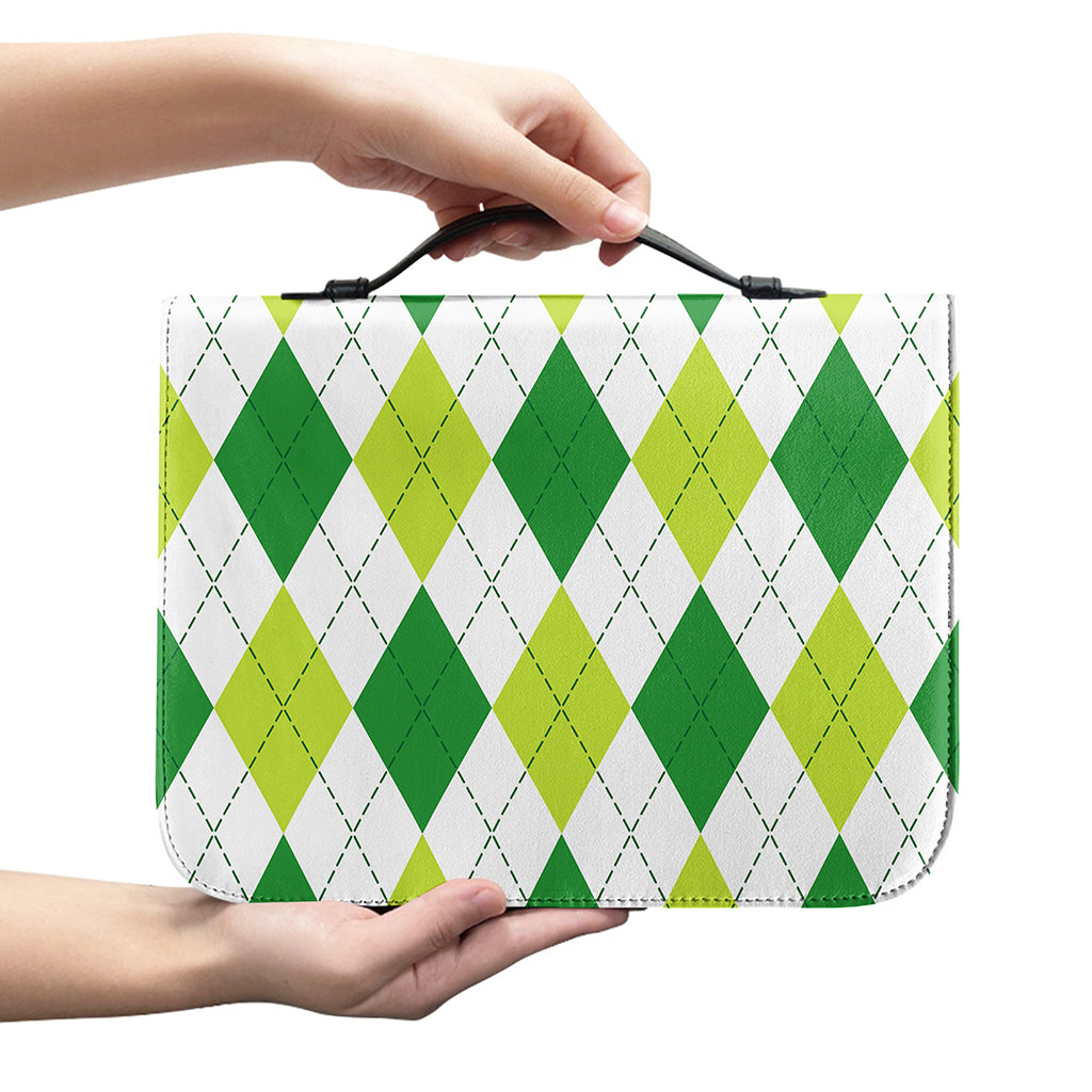 White And Green Argyle Pattern Print Leather Bible Cover