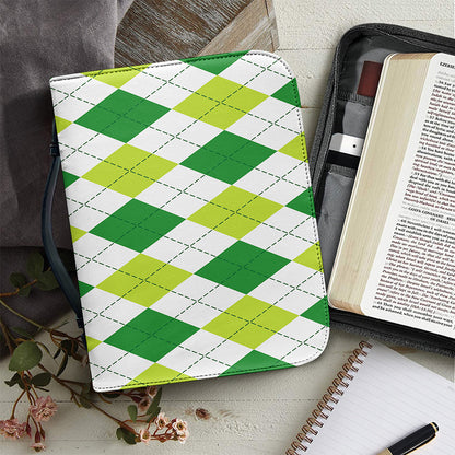 White And Green Argyle Pattern Print Leather Bible Cover