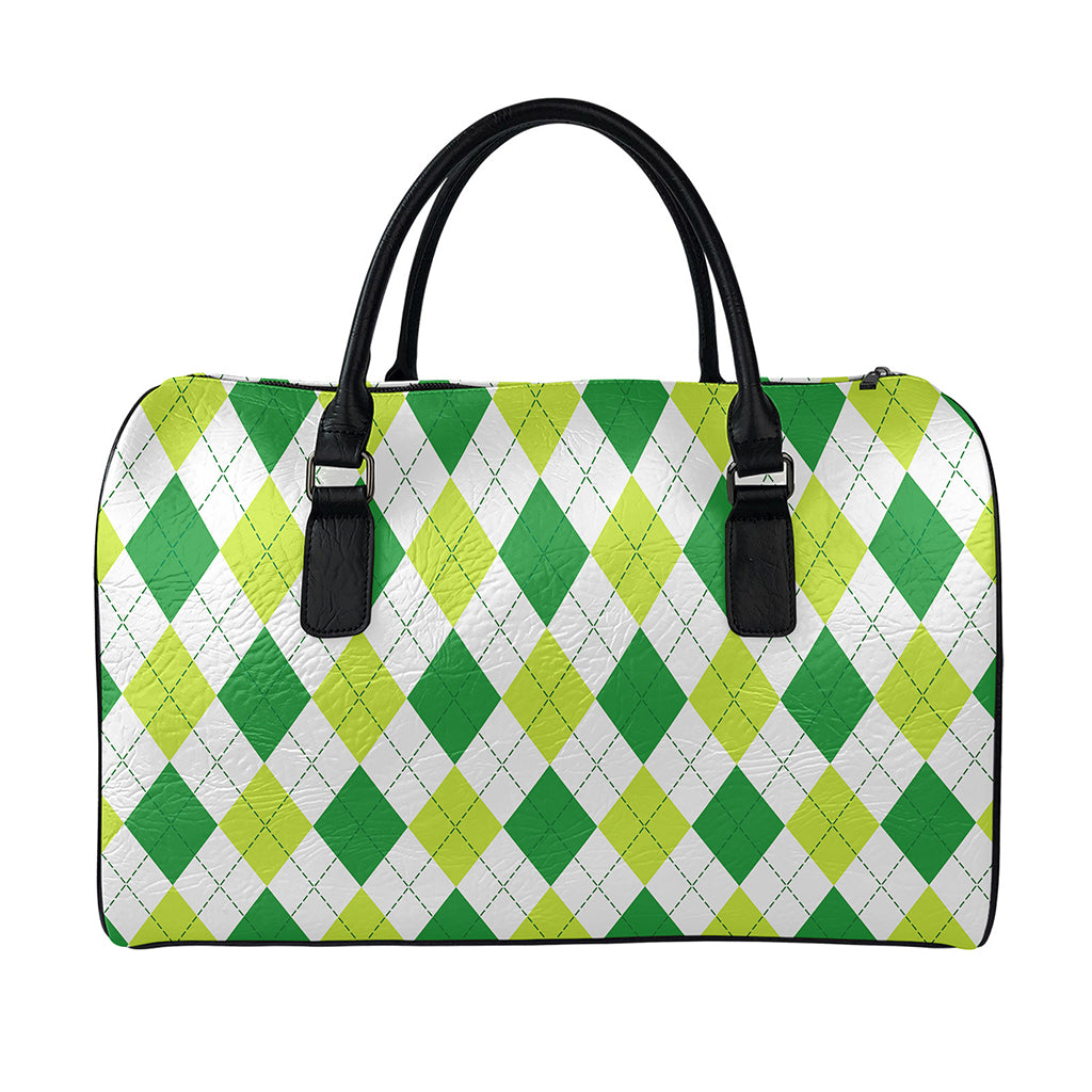 White And Green Argyle Pattern Print Leather Duffle Bag