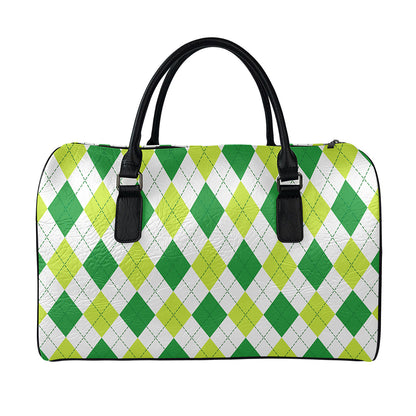 White And Green Argyle Pattern Print Leather Duffle Bag