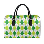 White And Green Argyle Pattern Print Leather Duffle Bag