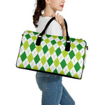 White And Green Argyle Pattern Print Leather Duffle Bag