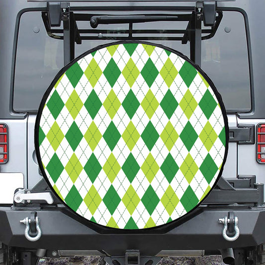 White And Green Argyle Pattern Print Leather Spare Tire Cover