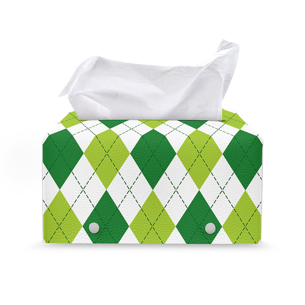White And Green Argyle Pattern Print Leather Tissue Box Cover