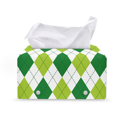 White And Green Argyle Pattern Print Leather Tissue Box Cover
