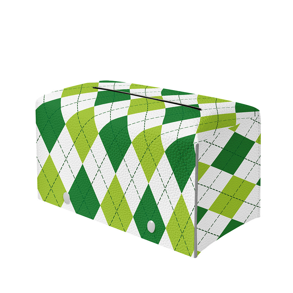 White And Green Argyle Pattern Print Leather Tissue Box Cover