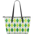 White And Green Argyle Pattern Print Leather Tote Bag With Zipper