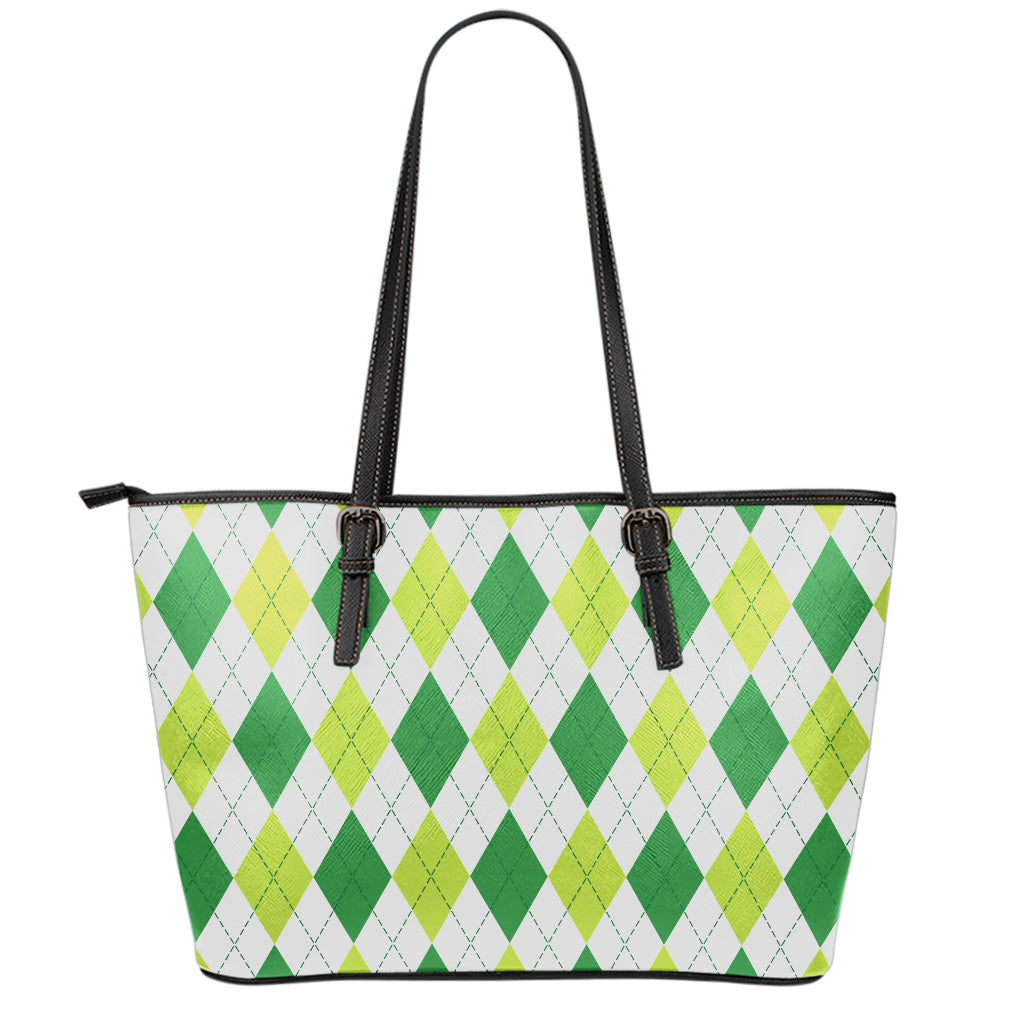 White And Green Argyle Pattern Print Leather Tote Bag