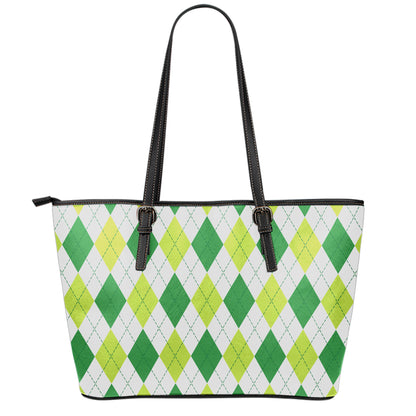 White And Green Argyle Pattern Print Leather Tote Bag