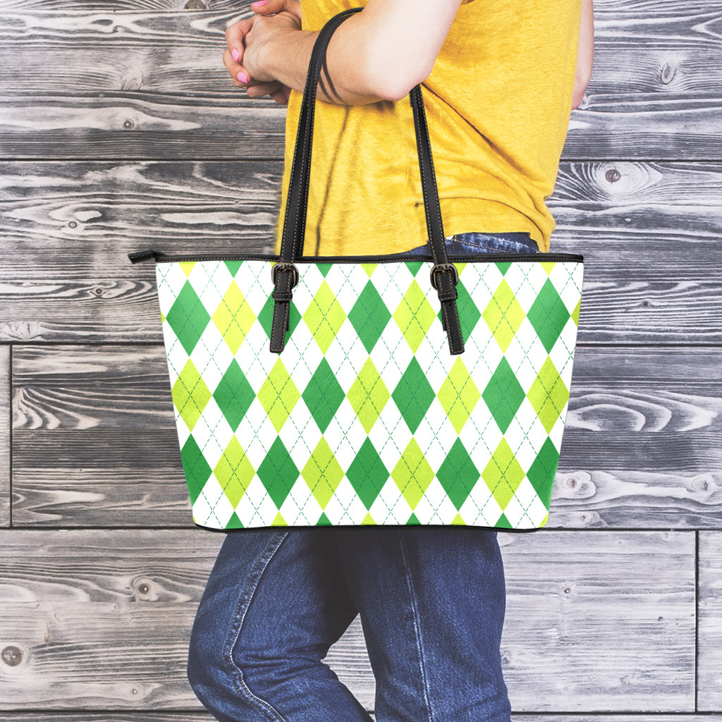 White And Green Argyle Pattern Print Leather Tote Bag