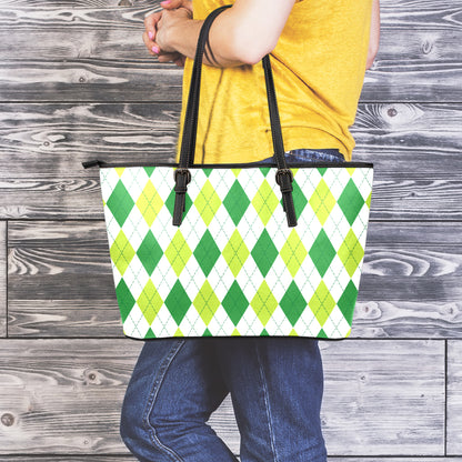 White And Green Argyle Pattern Print Leather Tote Bag