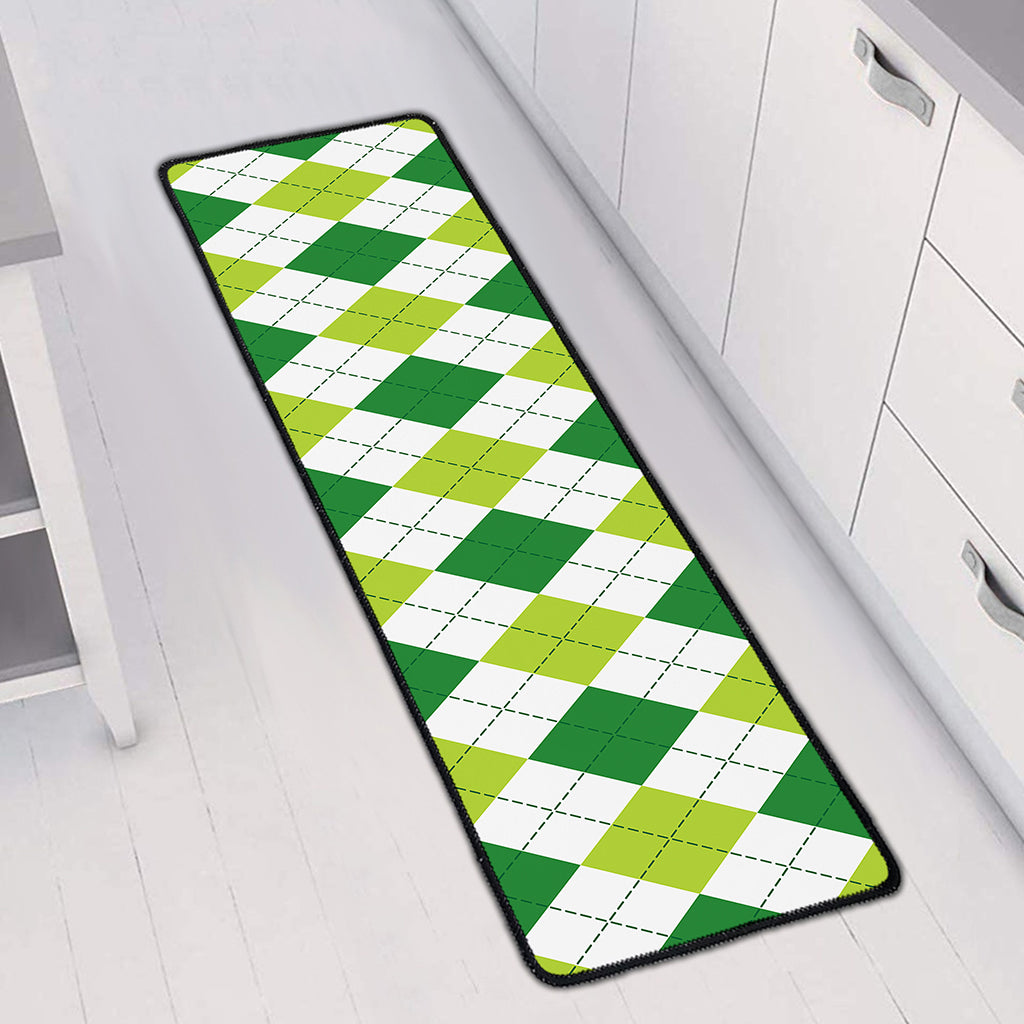 White And Green Argyle Pattern Print Long Kitchen Mat