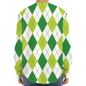 White And Green Argyle Pattern Print Long Sleeve Baseball Jersey