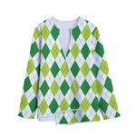 White And Green Argyle Pattern Print Long Sleeve Short Coat