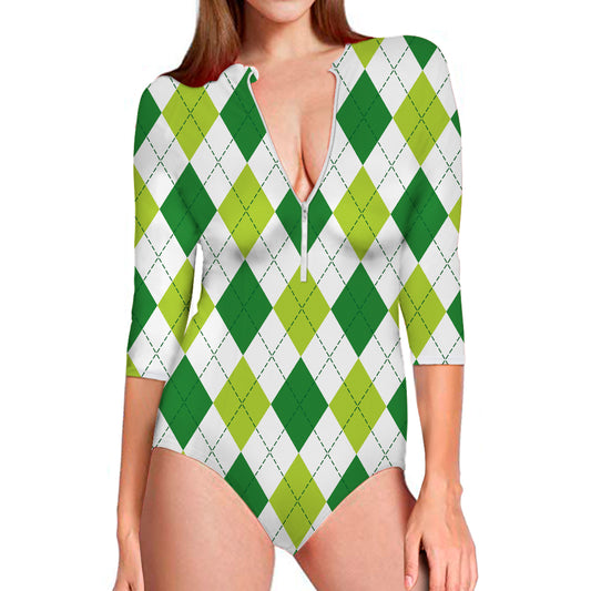 White And Green Argyle Pattern Print Long Sleeve Swimsuit