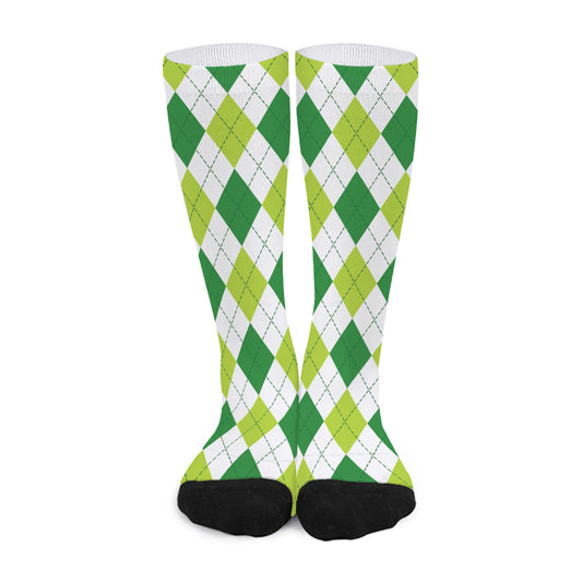 White And Green Argyle Pattern Print Long Socks