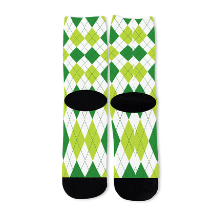 White And Green Argyle Pattern Print Long Socks