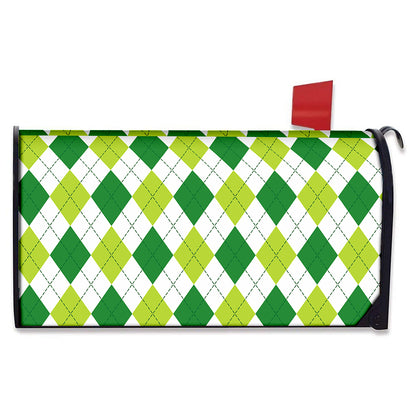 White And Green Argyle Pattern Print Mailbox Cover