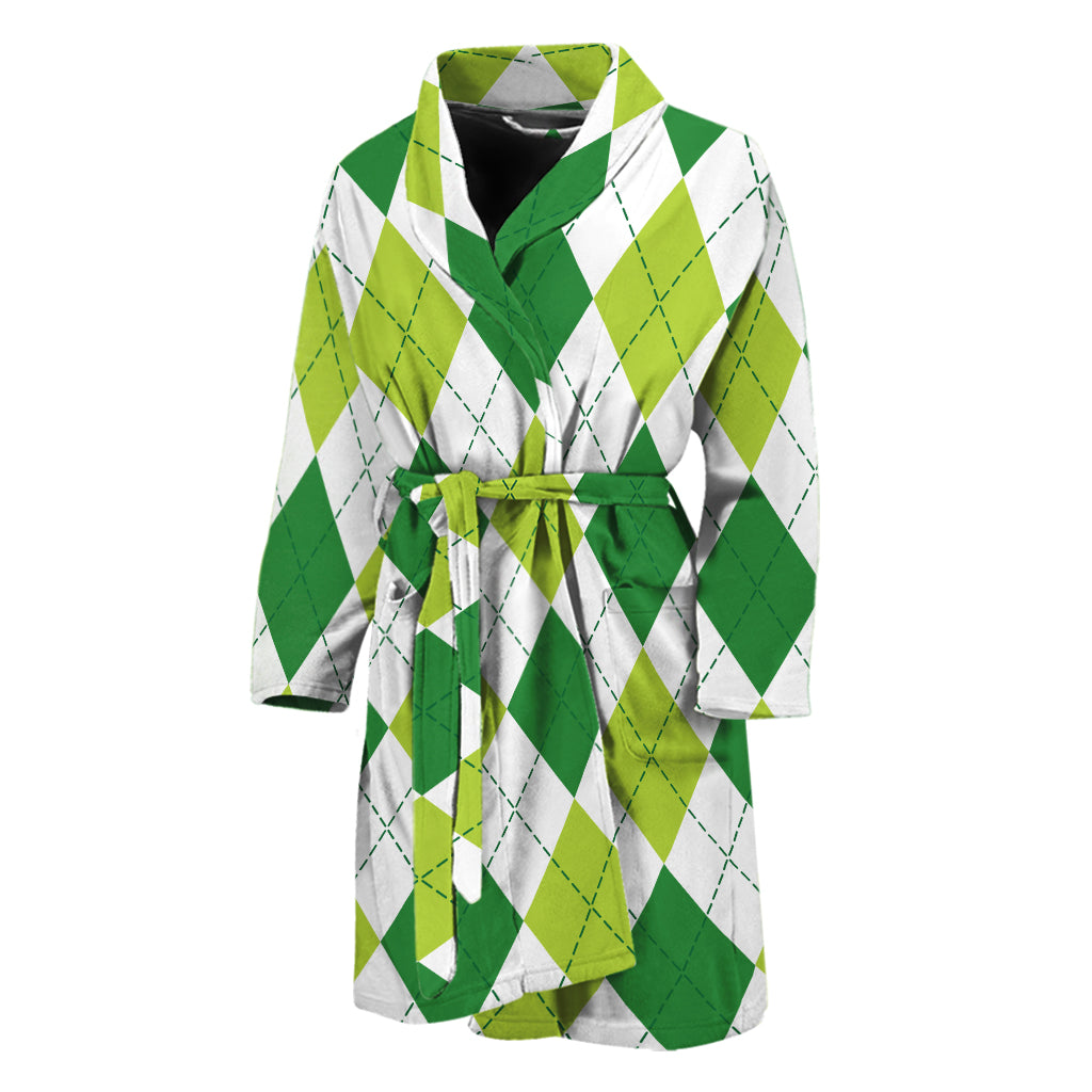 White And Green Argyle Pattern Print Men's Bathrobe
