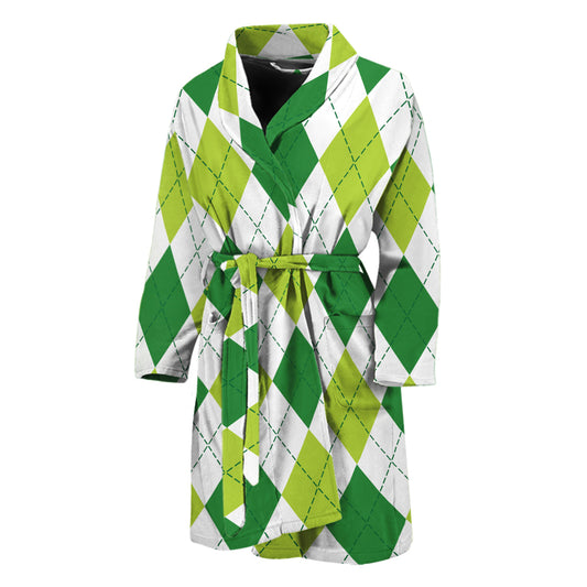 White And Green Argyle Pattern Print Men's Bathrobe