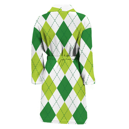 White And Green Argyle Pattern Print Men's Bathrobe