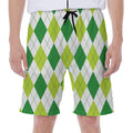 White And Green Argyle Pattern Print Men's Beach Shorts