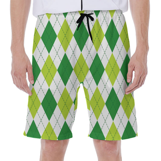 White And Green Argyle Pattern Print Men's Beach Shorts