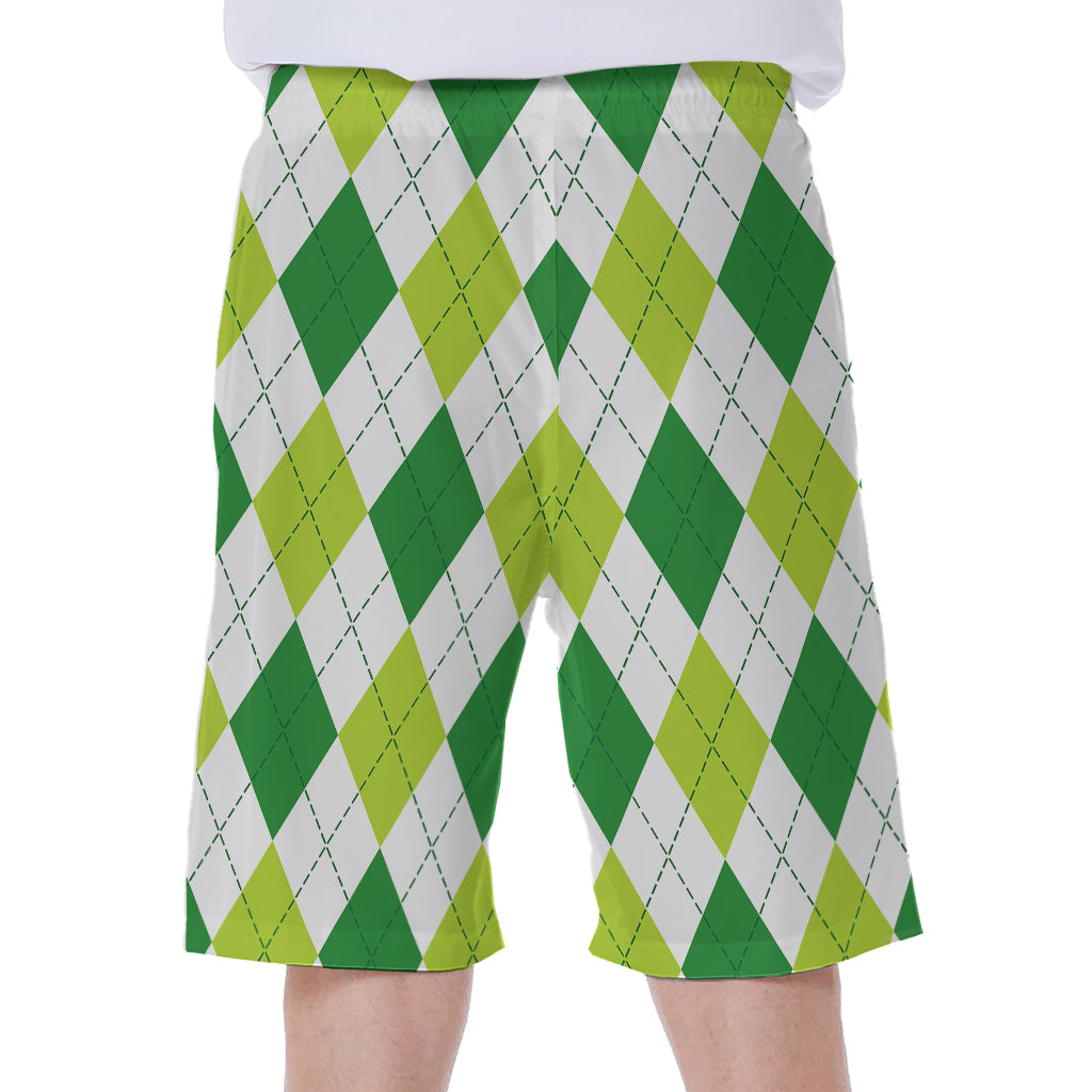 White And Green Argyle Pattern Print Men's Beach Shorts