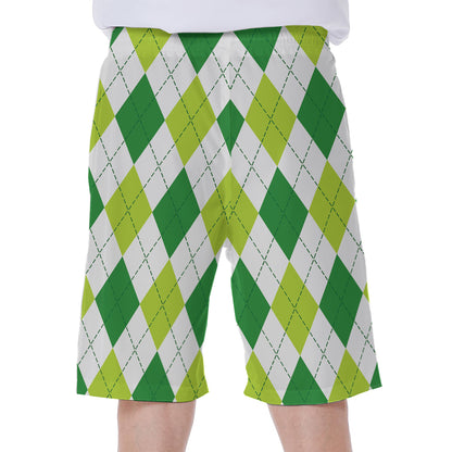 White And Green Argyle Pattern Print Men's Beach Shorts