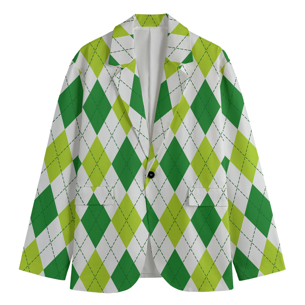 White And Green Argyle Pattern Print Men's Blazer