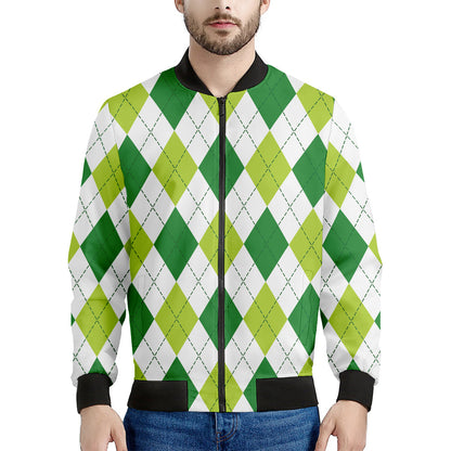 White And Green Argyle Pattern Print Men's Bomber Jacket
