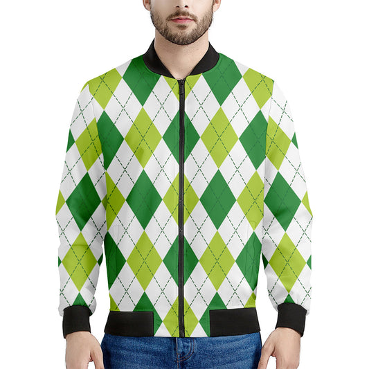 White And Green Argyle Pattern Print Men's Bomber Jacket