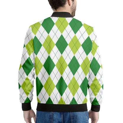 White And Green Argyle Pattern Print Men's Bomber Jacket