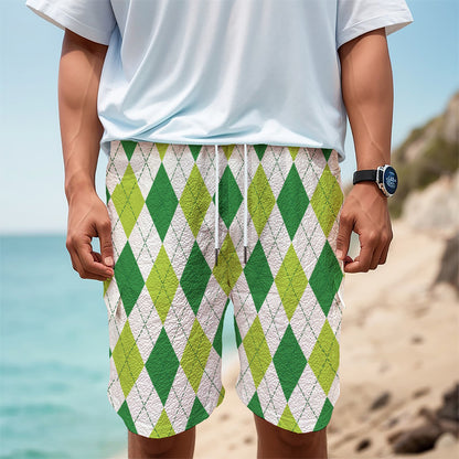 White And Green Argyle Pattern Print Men's Cargo Shorts
